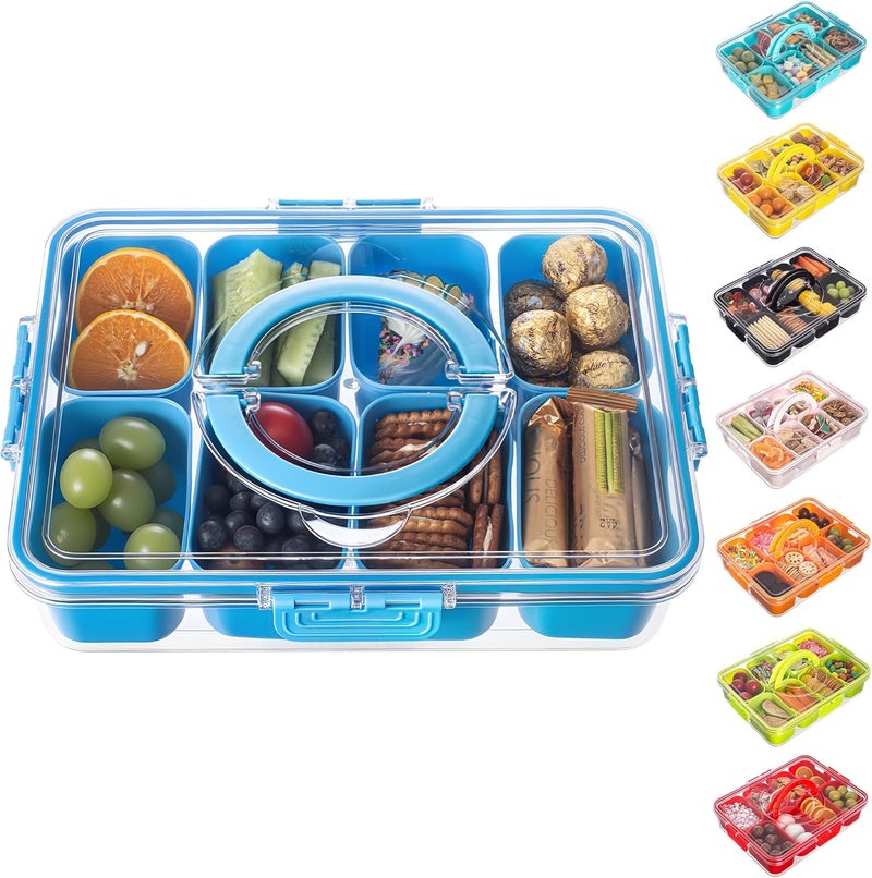Dingerjar Divided Serving Tray with Lid and Handle - Snackle Box Charcuterie Container for Portable Snack Platters Organizer for Candy, Fruits, Nuts, Snacks - Perfect for Party, Entertaining, Cerulean - Image 1